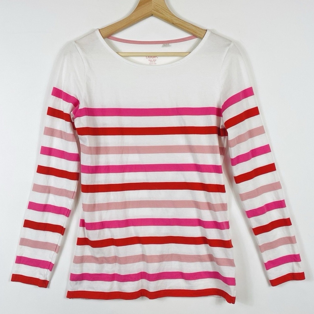 Boden Red White Pink Stripe Boatneck Long Sleeve T-Shirt Top Shirt Womens US 12